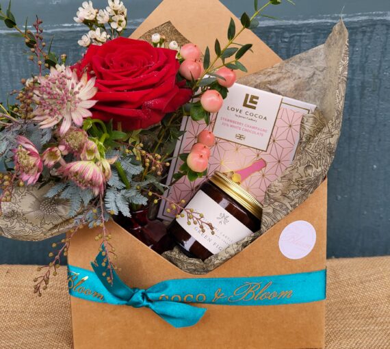 Valentines envelope gift with Love Cocoa Chocolate, scented candle & Flowers, West Malling